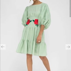 COPY - FANM MON Salda Linen Floral Embroidered Knee Length Dress in Mint Green …